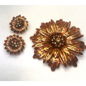 Vintage Joan Rivers Chrysanthemum Orange Sunflower Brooch & Pierced Earrings